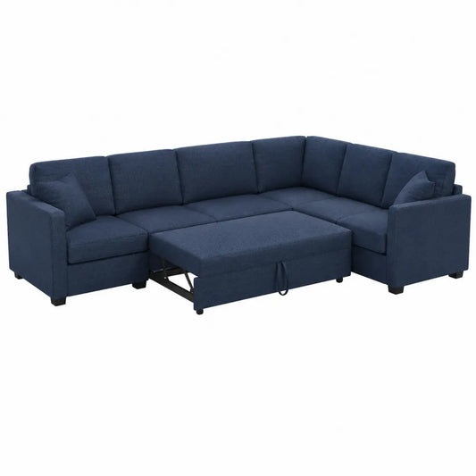 Ecksofa mit Bettfunktion Blau 300cm x 200cm x 90cm Polyestergewebe Holz