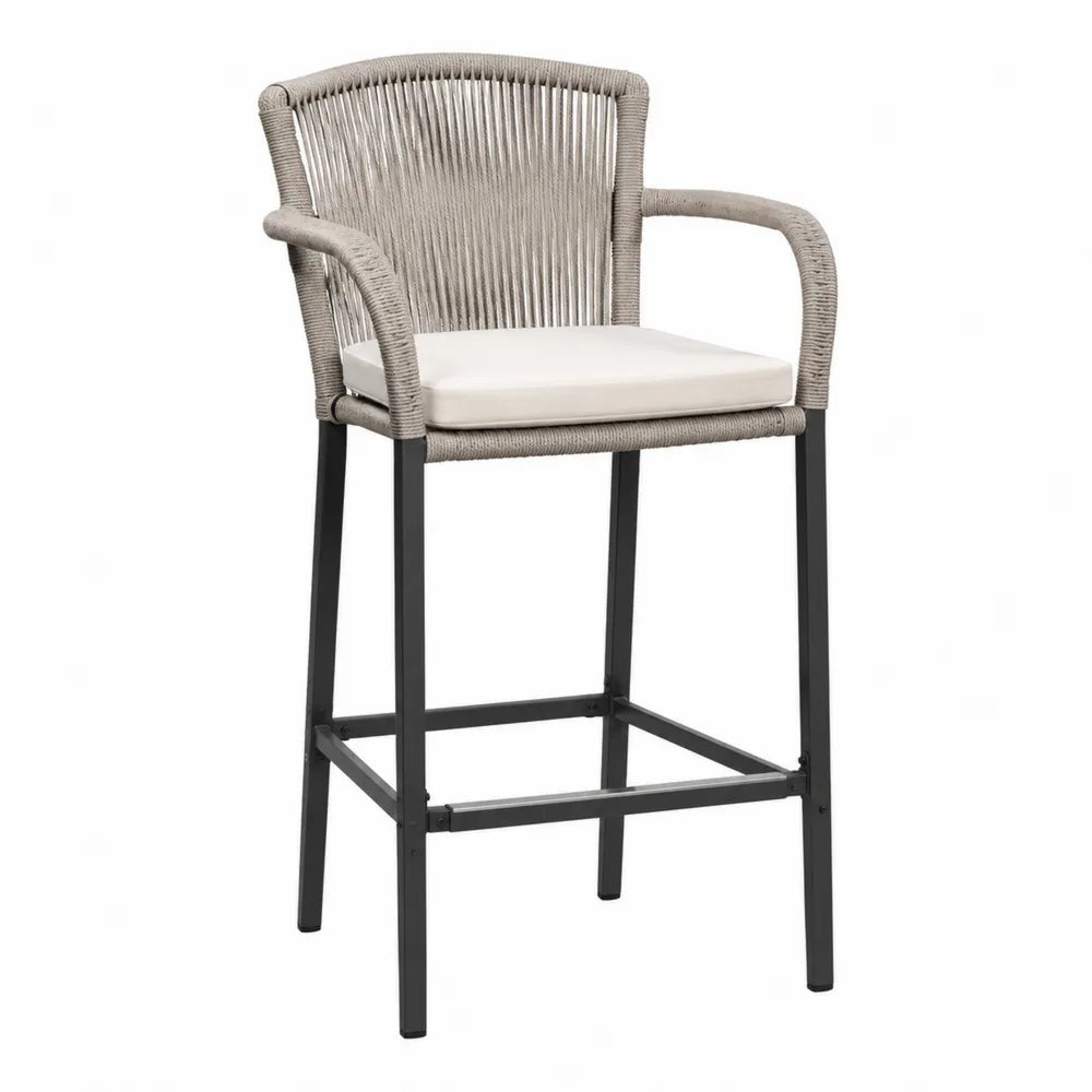 Gartenbarstuhl aus Aluminium und Polypropylen-Seil mit Kissen Beige